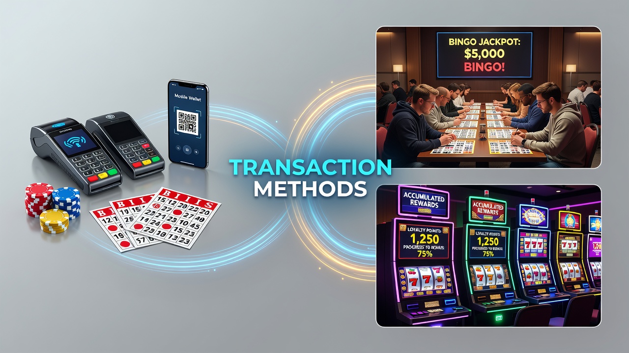 Transaction flow from casual bingo and slot sessions into accumulated rewards at physical venues