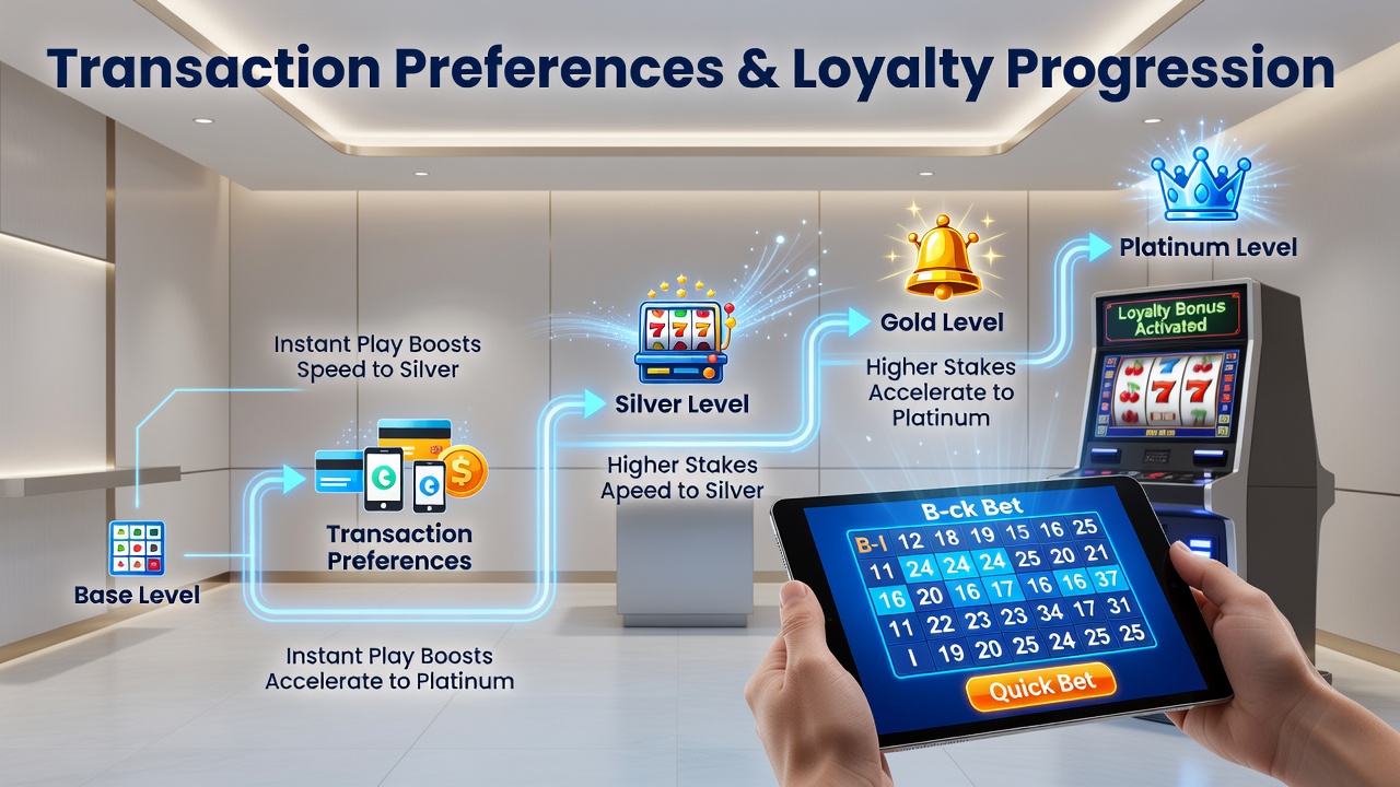 Handheld device displaying bingo and slot game interfaces with loyalty progress indicators