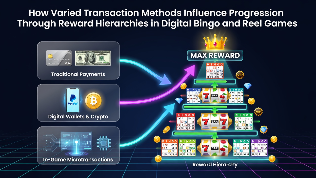 Digital bingo and reel game interfaces showing transaction options and reward tier indicators