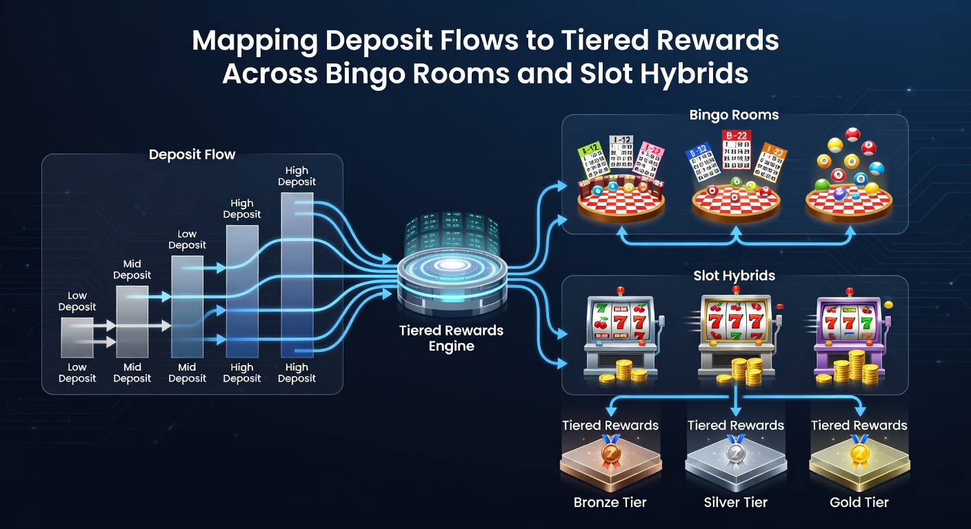 Diagram showing deposit tracking pathways leading to tiered rewards in bingo and slot hybrid platforms