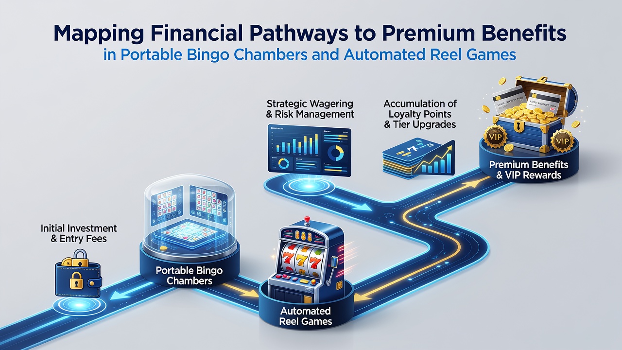Portable bingo chamber setup with automated reel displays showing financial tracking interfaces and player reward pathways