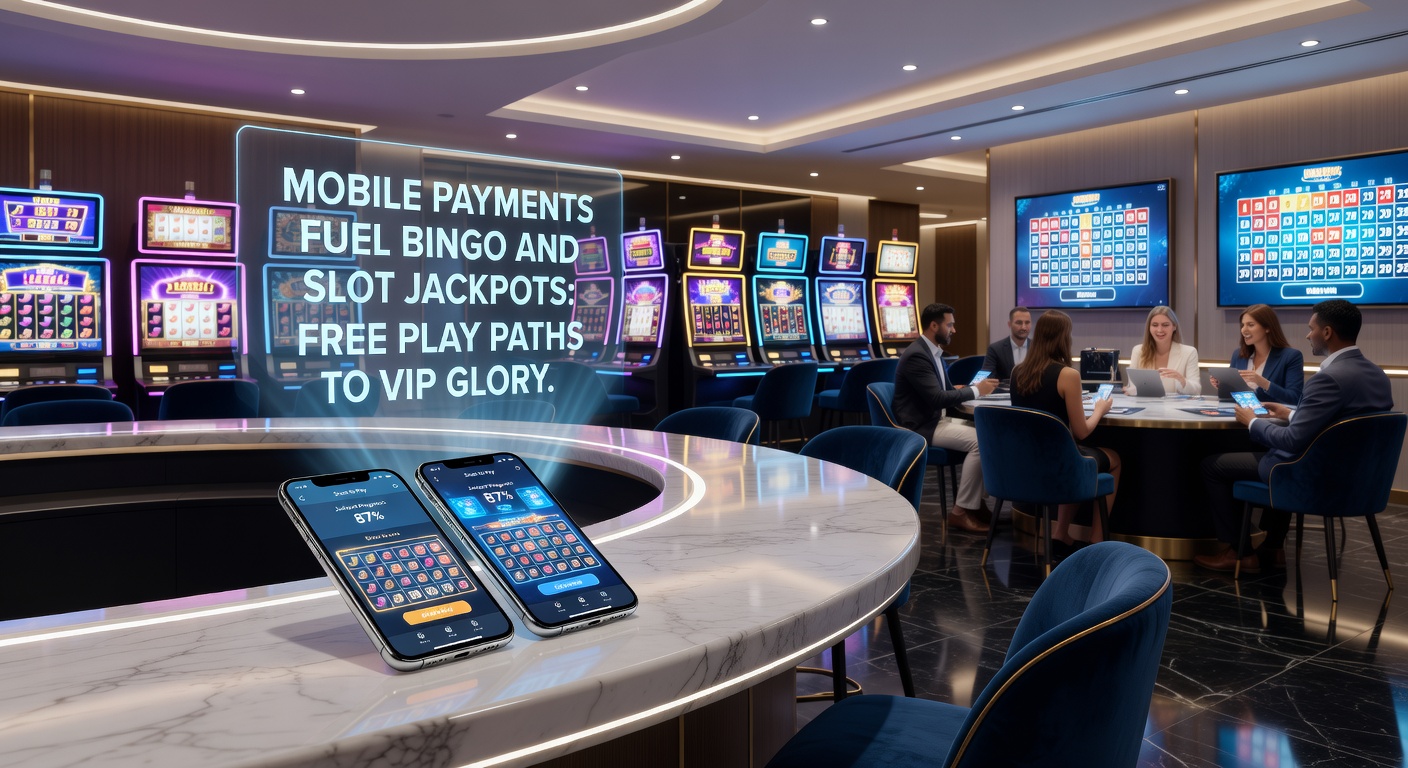 Dynamic graphic of a player's journey from free bingo tickets and slot spins through mobile deposit confirmations to a glowing VIP badge and jackpot explosion