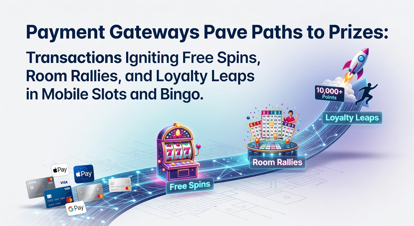Vibrant digital illustration showing payment gateways unlocking cascading free spins, bustling bingo rooms, and rising loyalty tiers in mobile slots and bingo apps