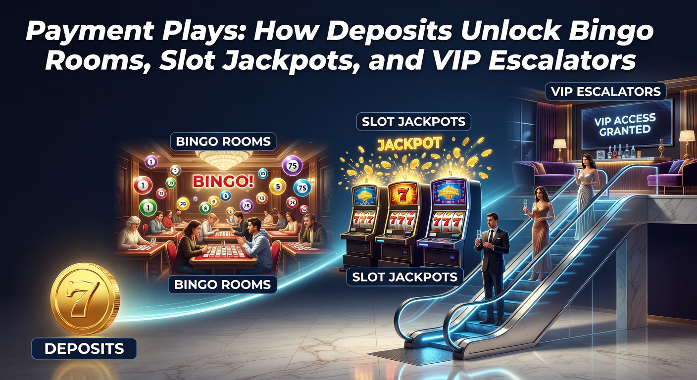 Dynamic slot reels spinning with jackpot meters climbing, overlaid by deposit confirmation screens and VIP badge icons
