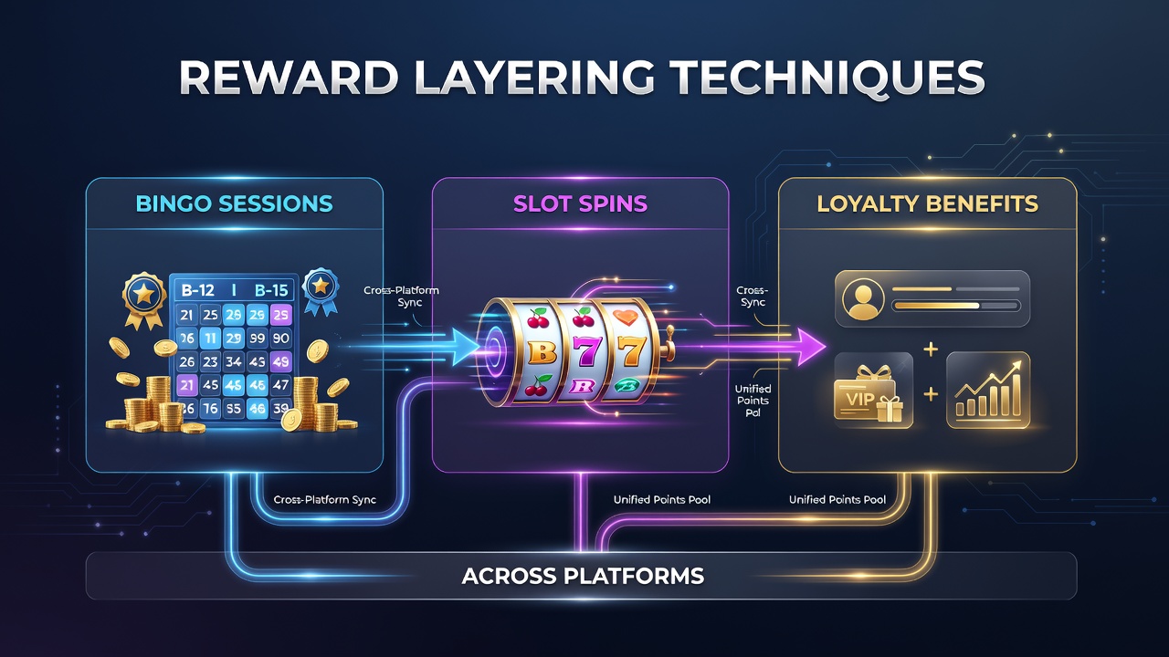Diagram showing reward points flowing from bingo sessions and slot spins into unified loyalty accounts across multiple platforms