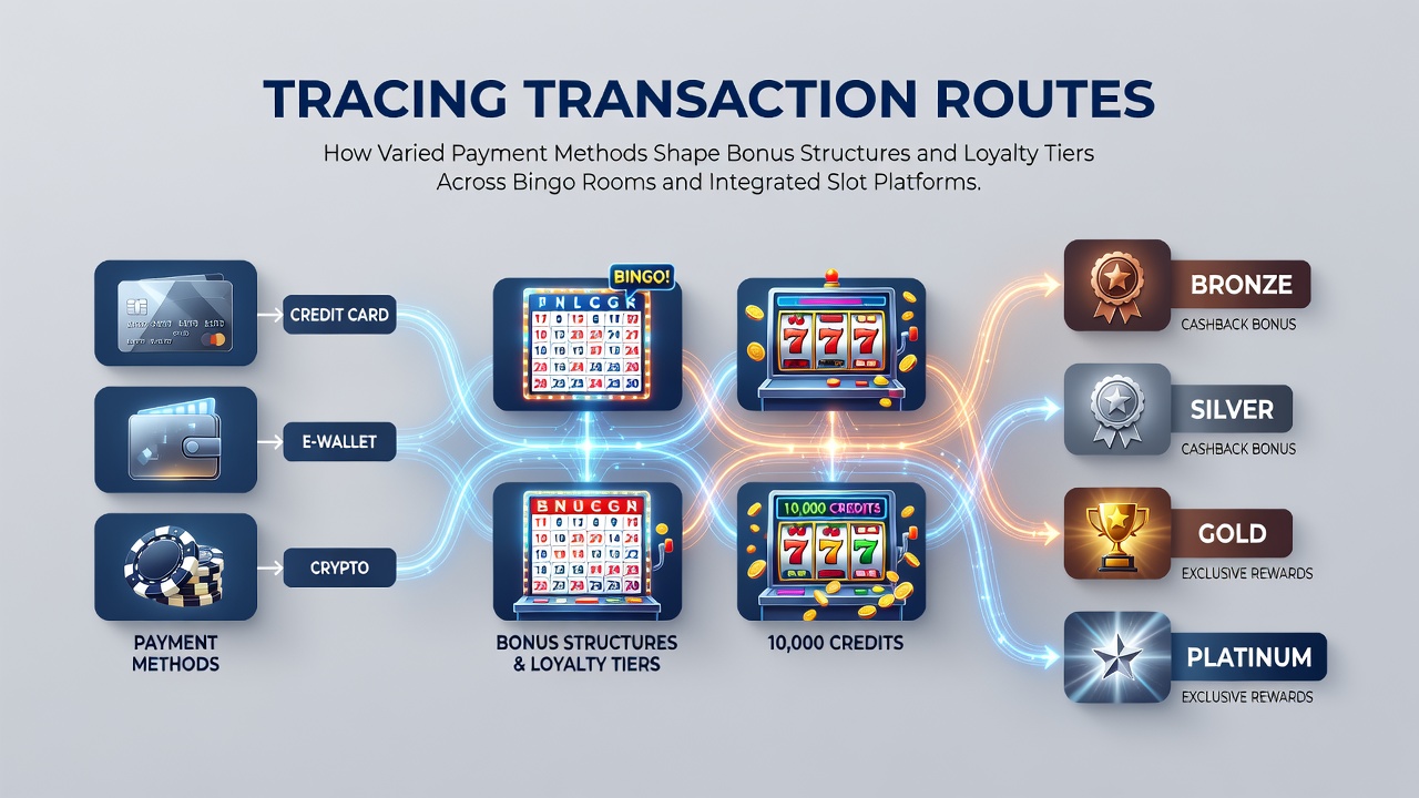 Diagram showing various payment methods flowing into bingo and slot platforms with bonus icons and loyalty tier indicators