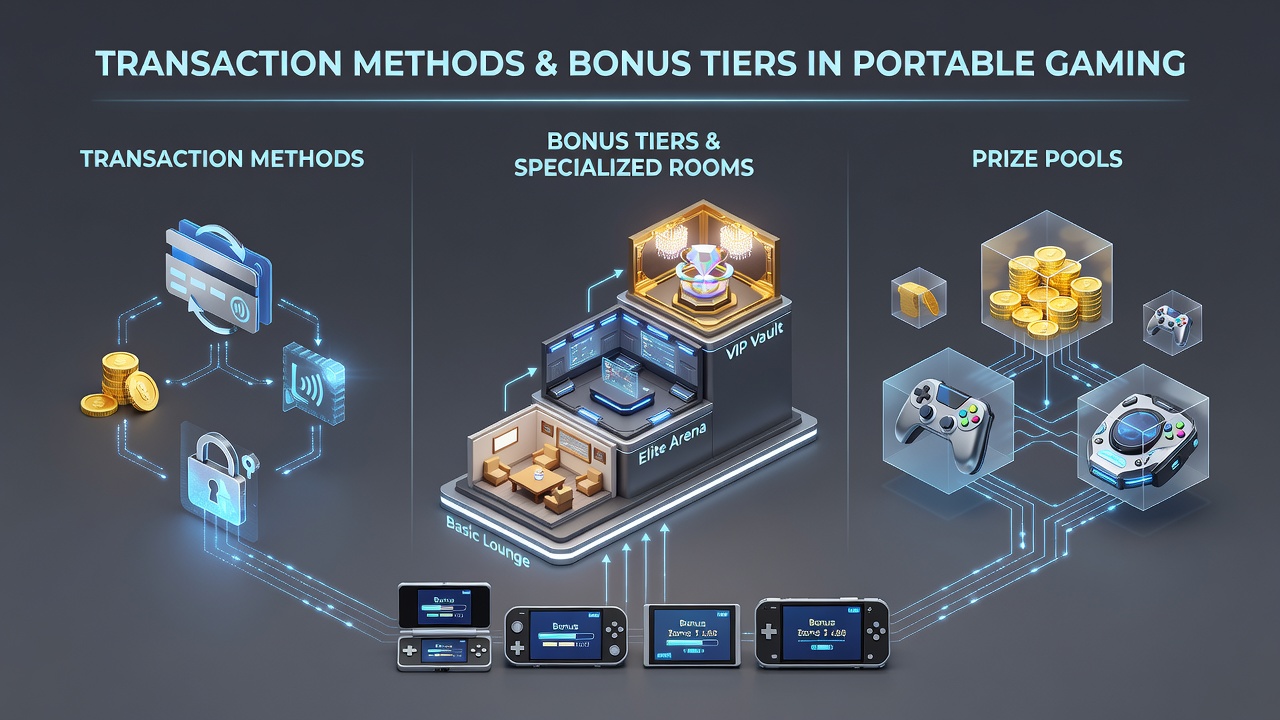 Diagram showing transaction flows linking deposit methods to bonus tiers and specialized gaming rooms